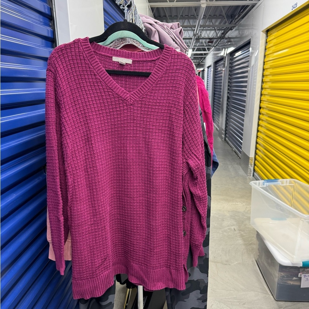Woman Within | Burgundy Side Button V-Neck Waffle Knit Sweater | size 3x - Picture 2 of 4